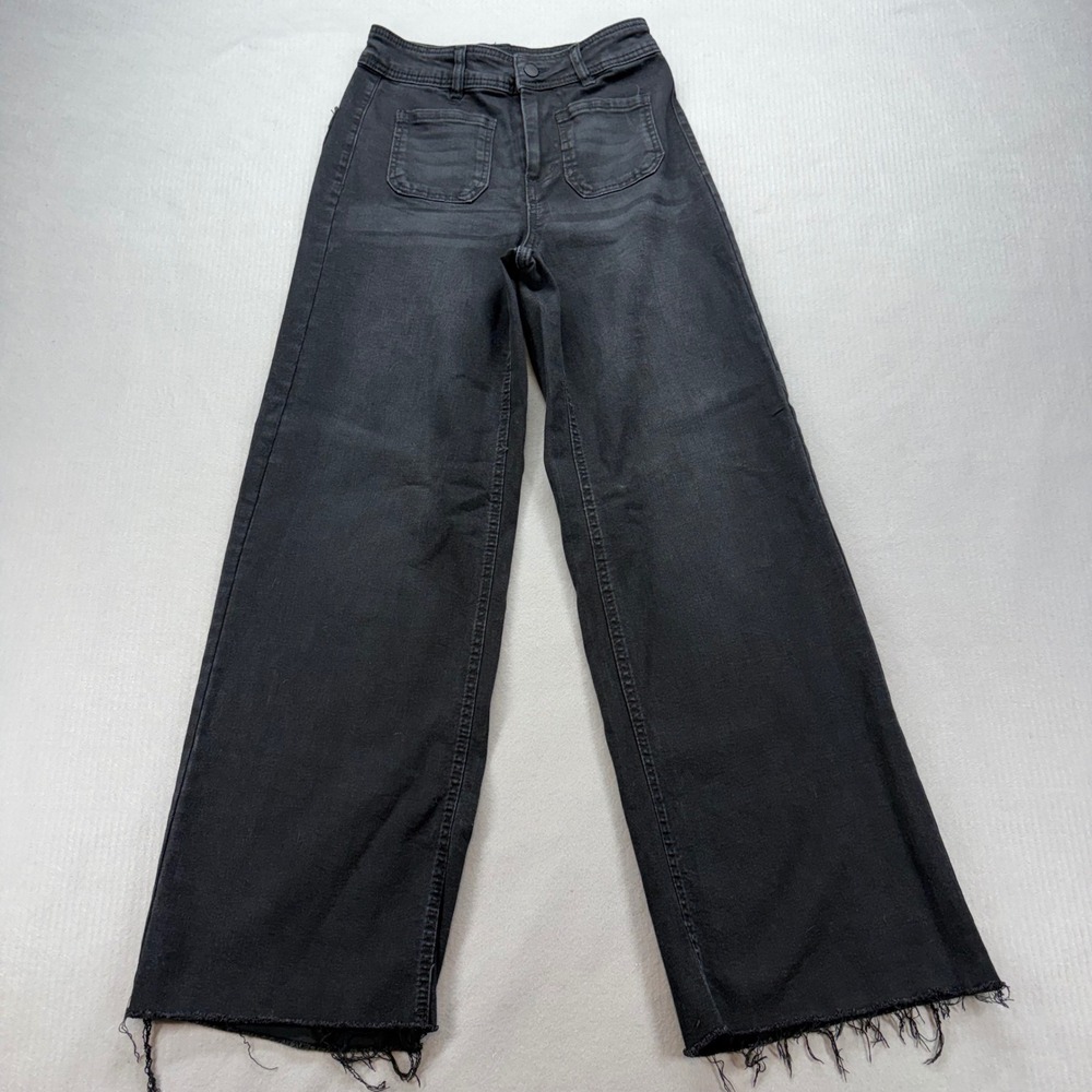 OAT New York Wide Leg Jeans Womens 2/26 Black Raw Hem High Rise‎ Faded Denim